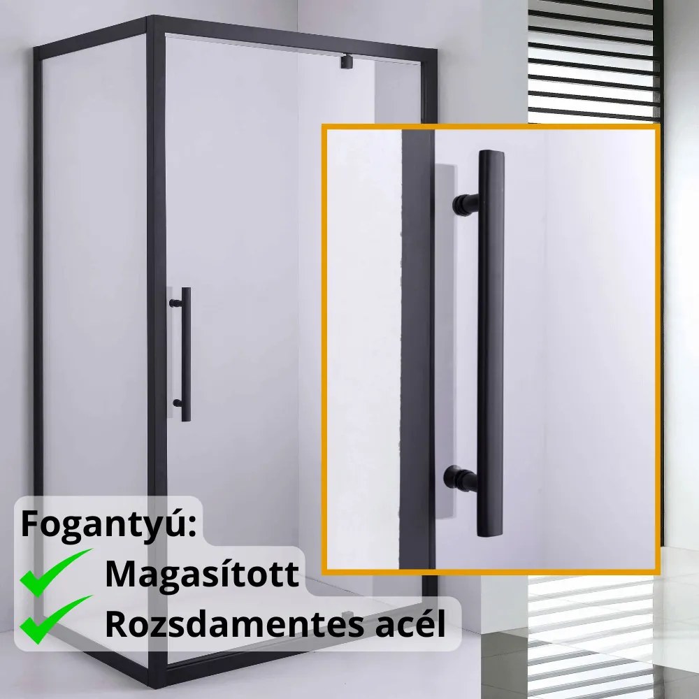 Stuxi Torino Black 120x80 aszimmetrikus szögletes nyílóajtós zuhanykabin 6 mm vízlepergető biztonsági üveggel, matt fekete elemekkel, 200 cm magas