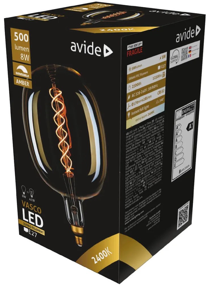 Avide LED Jumbo Filament Vasco Amber dimmelhető fényforrás, 8W E27, 2400K, 500 lm