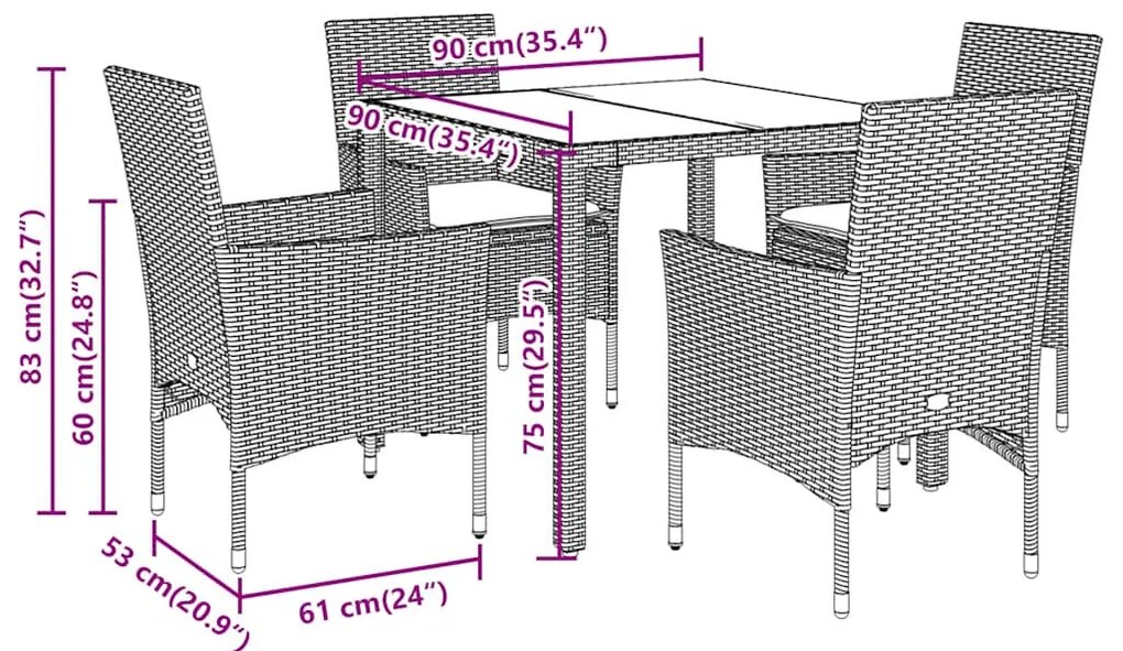 5 részes fehér polyrattan/üveg kerti étkezőgarnitúra párnákkal