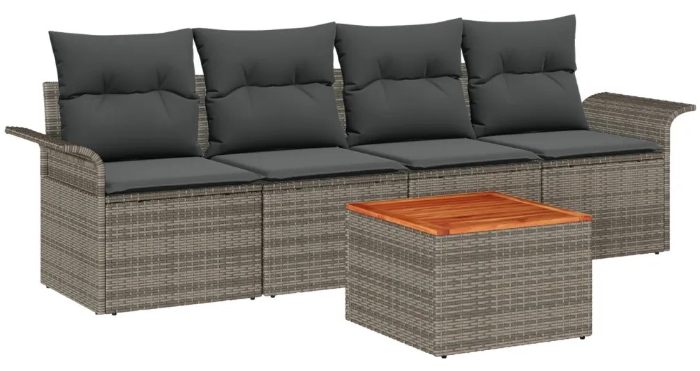 5 Darabos Kert Sofa Készlet Párnákkal Szürke Poli Rattan Akác, 2-Személyes Kert Sofa Tárolóval és Párnákkal Szürke Poli Rattan