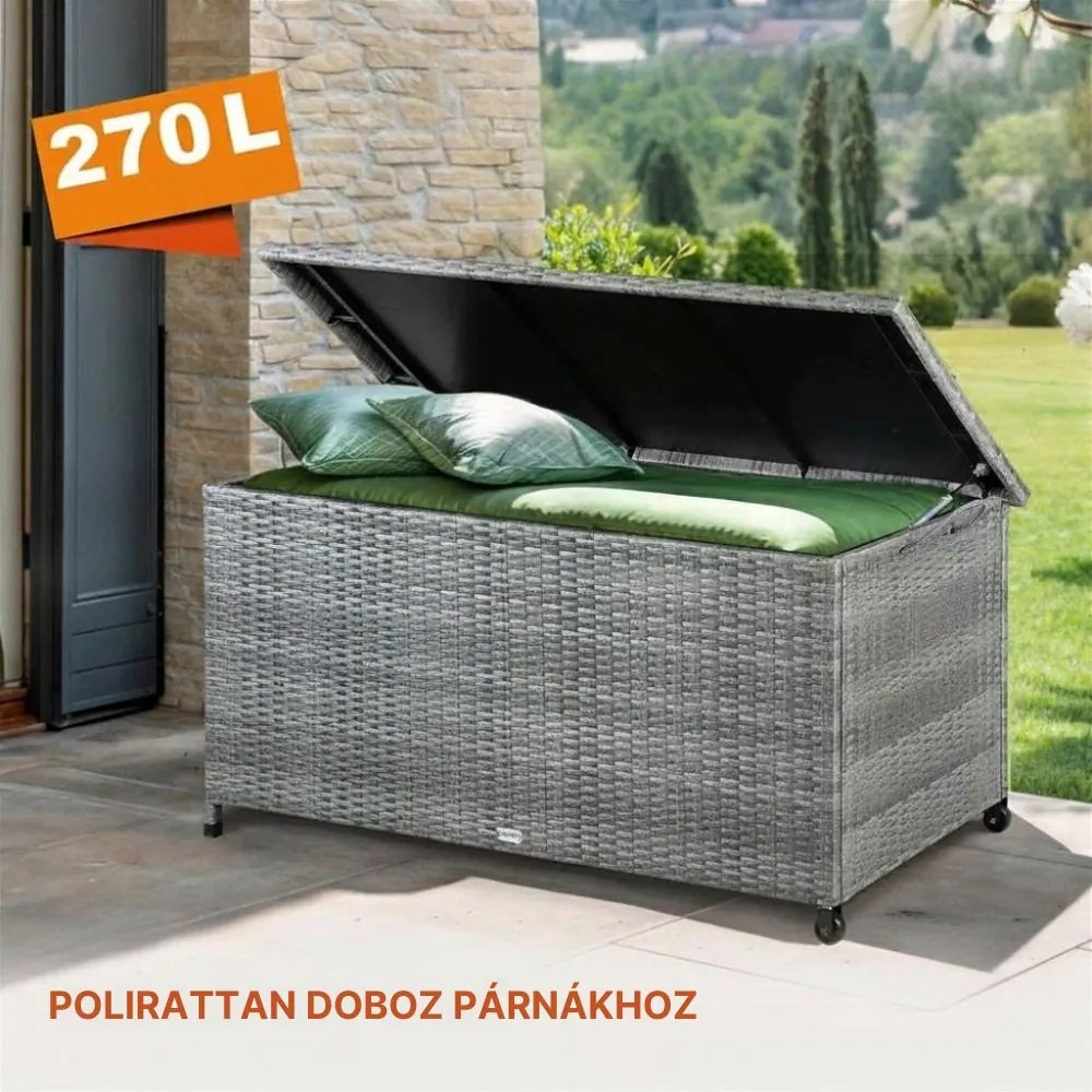 RICCO polyrattan tárolódoboz, 270L, 117x53x60cm, szürke Casaria
