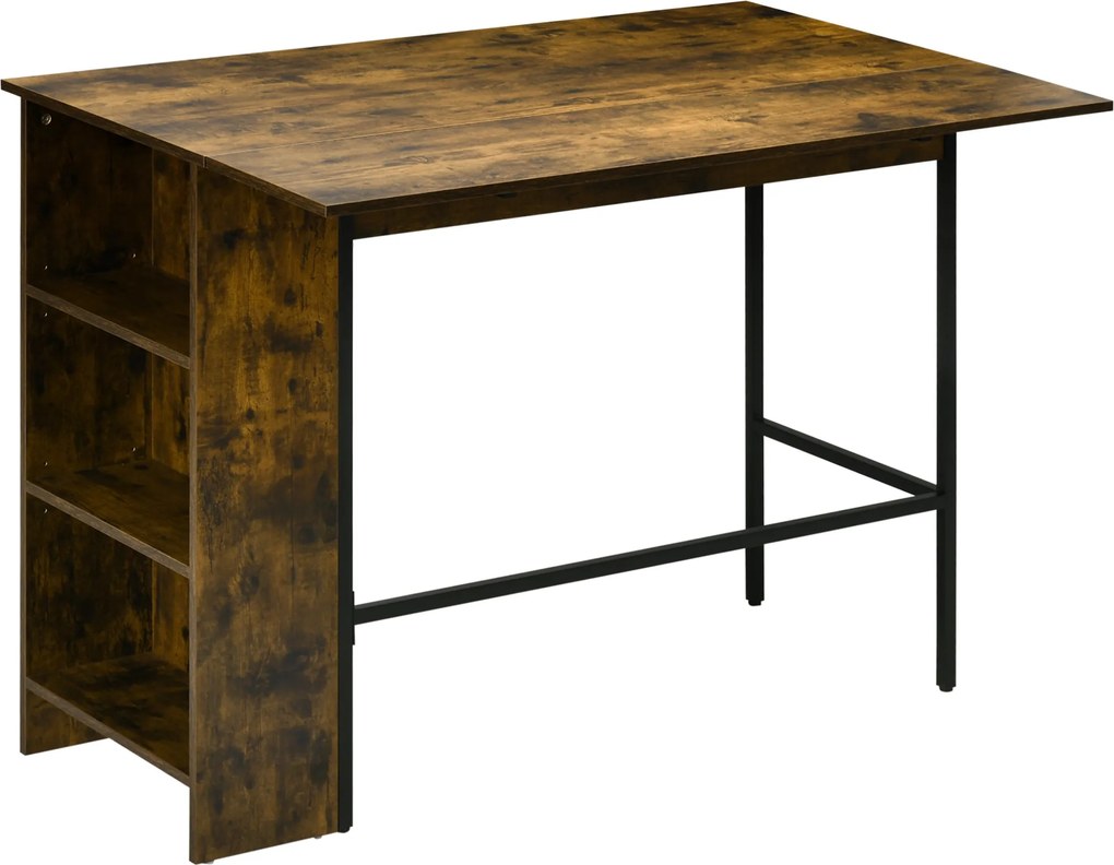 HOMCOM Bárasztal tárolóval - Bistro Asztal Középsziget Kihajtható Oldalas Laptoppal és 3 Polccal - 120 x 76 x 91.4 cm Rusztikus Barna | Aosom