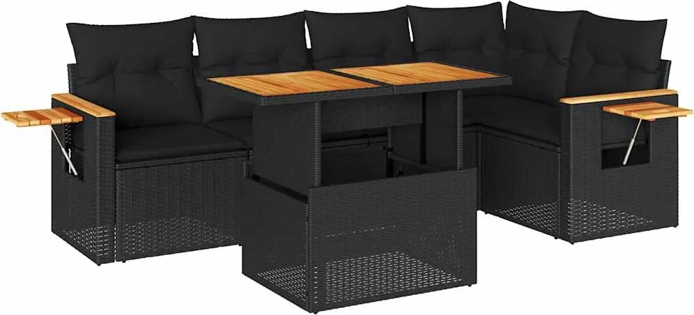 vidaXL 6 részes fekete polyrattan akácfa kerti ülőgarnitúra párnákkal