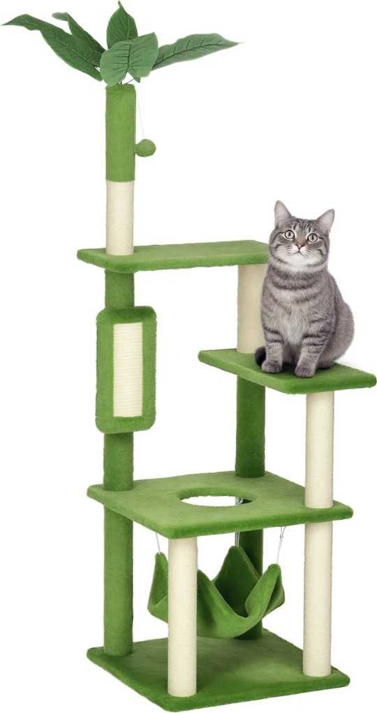 PawHut Macskakaparással 142 cm, Macska Fa Hálóval, Labda Játékkal, Szizál Macskakaparással és Stabilizáló Rendszerrel, Zöld | Aosom