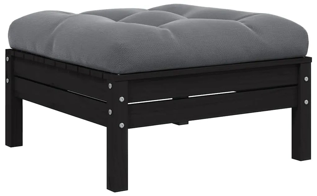 vidaXL fekete tömör fenyőfa kerti lábzsámoly antracitszürke párnával