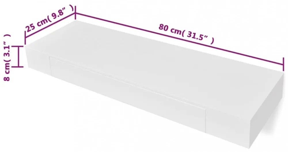 2 db fehér lebegő fali polc fiókkal 80 cm