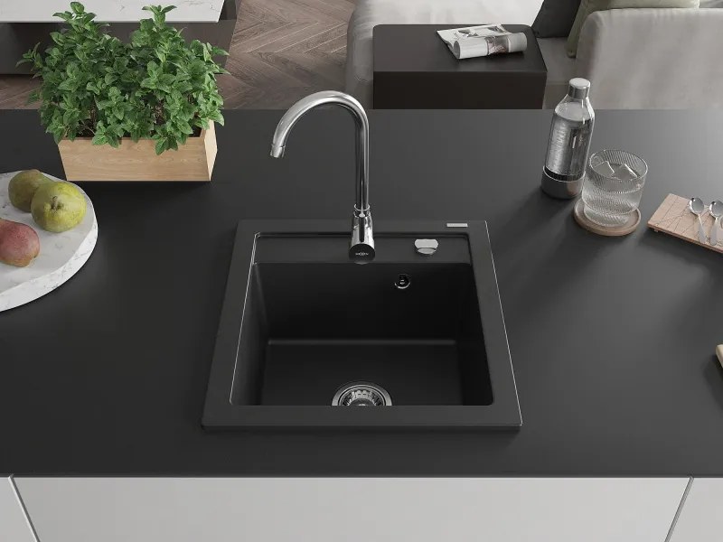 Mexen Vito gránit mosogató 1-medencés 520 x 490 mm, fekete, króm szifon - 6503521000-77