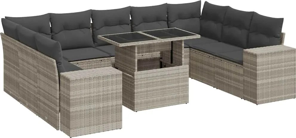 vidaXL 10 részes világosszürke polyrattan kerti ülőgarnitúra párnákkal