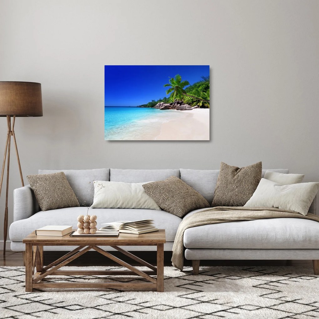 Kép a strandról a Praslin szigeten (üvegen) (70x50 cm)