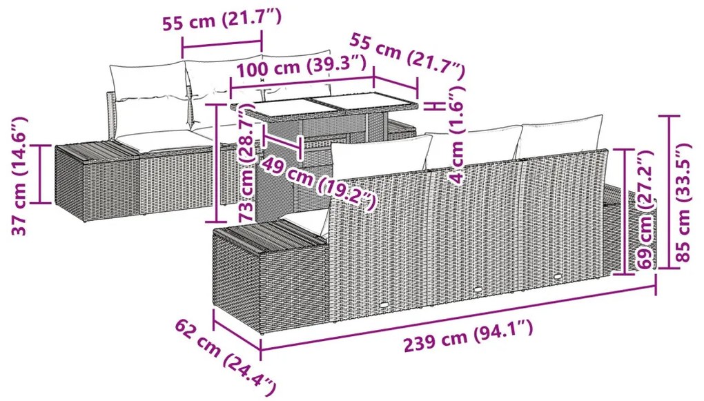 7 részes kerti kanapé szett párnával bézs poli rattan