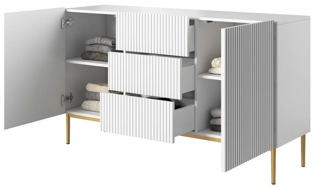 Nicole komód 150 cm fiókos, bordázott előlap - matt fehér / arany lábak