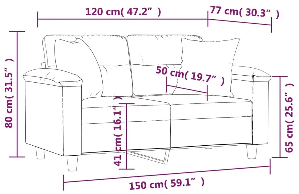 2 személyes fekete mikroszálas szövetkanapé párnákkal 120 cm