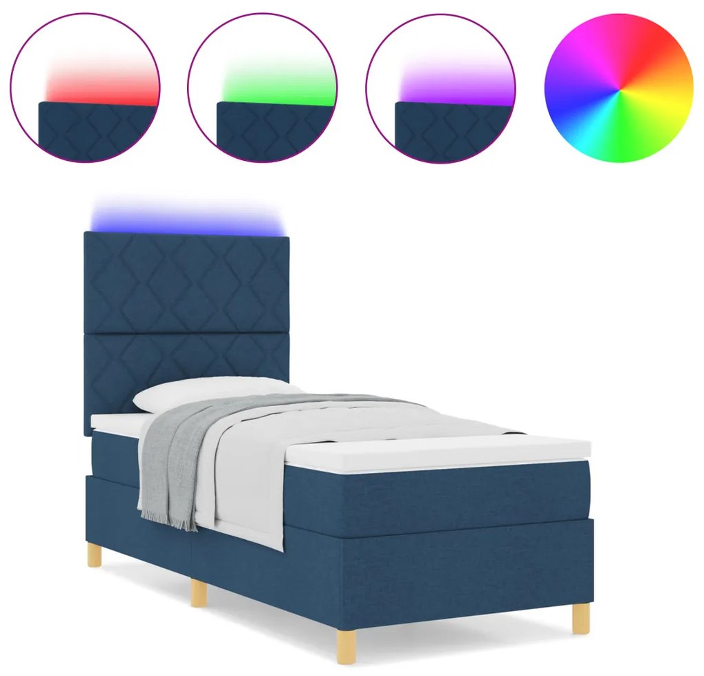 Box Spring Ágy Matraccal & LED Kék 90x190 cm Szövet