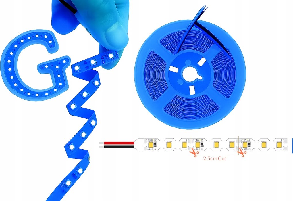 Led szalag 10m 12V 2835 Smd 8W/m S-Shape 6mm Kék Rugalmas