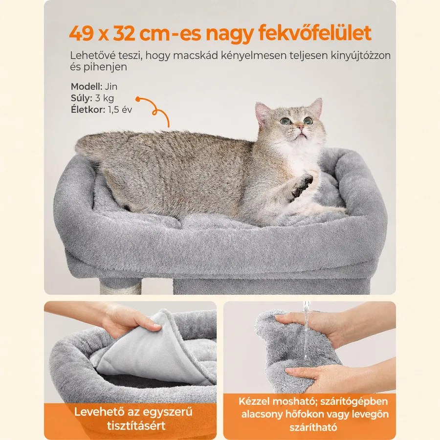 FEANDREA macskakaparó 2 barlanggal és nagy kilátóval, 74 cm – világosszürke