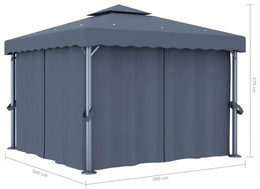 antracitszürke pavilon függönnyel és LED fényfüzérrel 3 x 3 m
