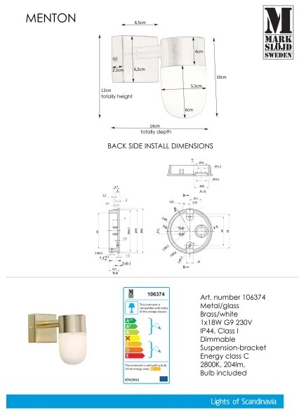 Markslöjd 106374 - Fürdőszobai fali lámpa MENTON 1xG9/18W230V IP44