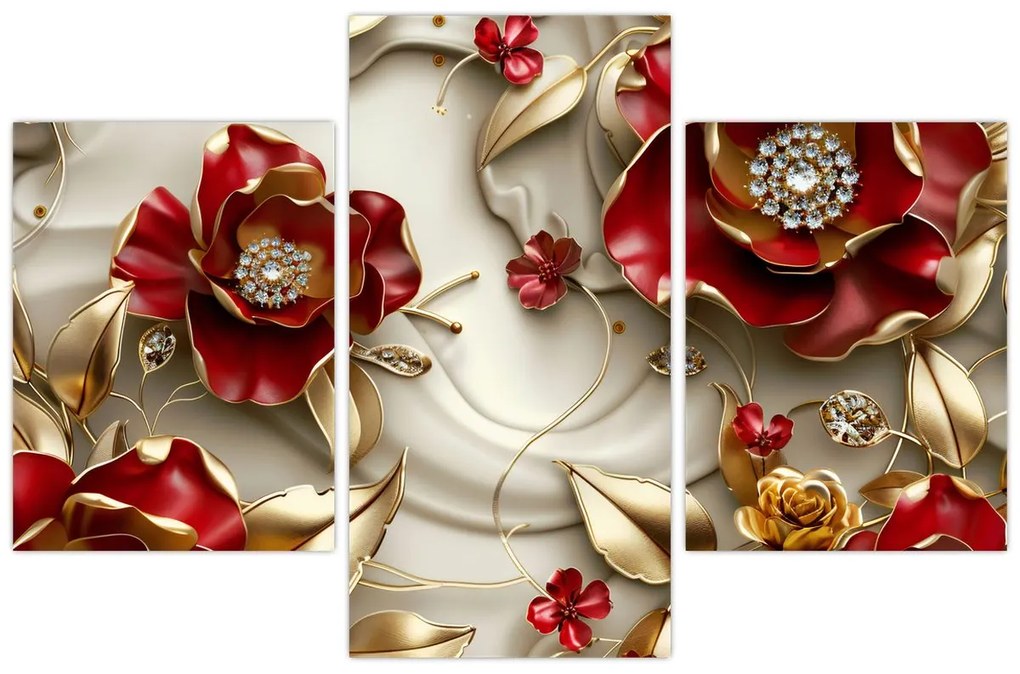 Kép - 3D piros-arany virágok (90x60 cm)