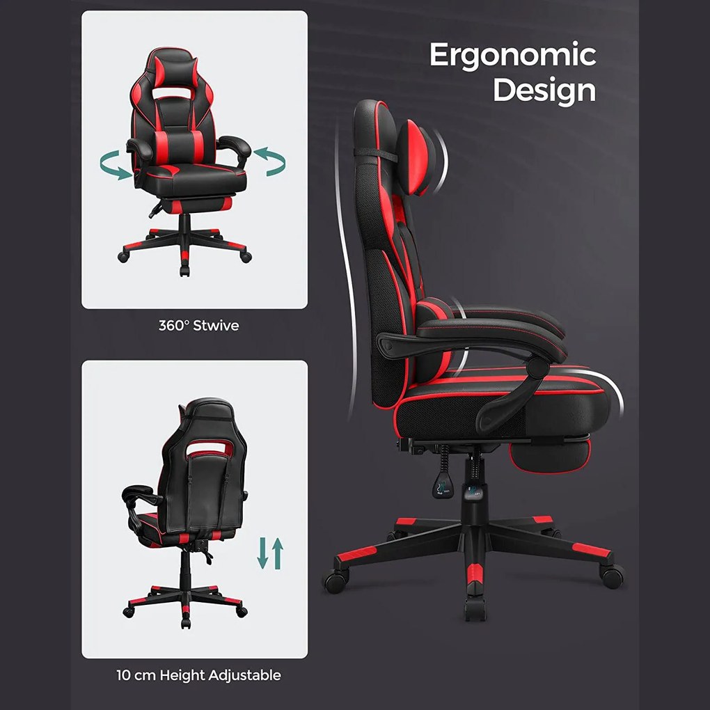 Ergonómikus szék, állítható irodai szék lábtartóval, fekete-piros