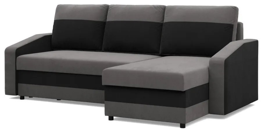 Hewlet sarokkanapé, 2 ágyneműtartóval, szövet anyag, univerzális oldal, bonell töltet, szürke - fekete