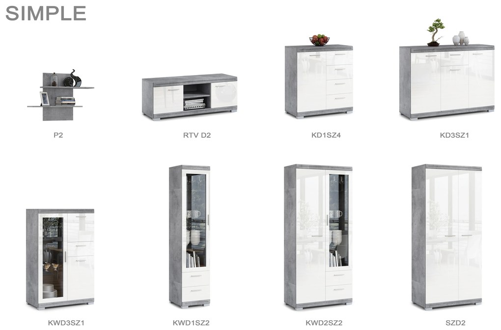 Mazzoni SIMPLE D2SZ2 TV-állvány Millenium Beton/Fehér Fényes - TV-ÁLLVÁNY KOMÓD NAPPALIBA FÉNYES