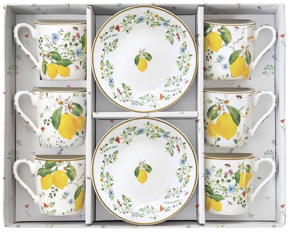 Mediterrán porcelán citrom mintás kávés csésze 6 személyes szett Fleurs et Citrons