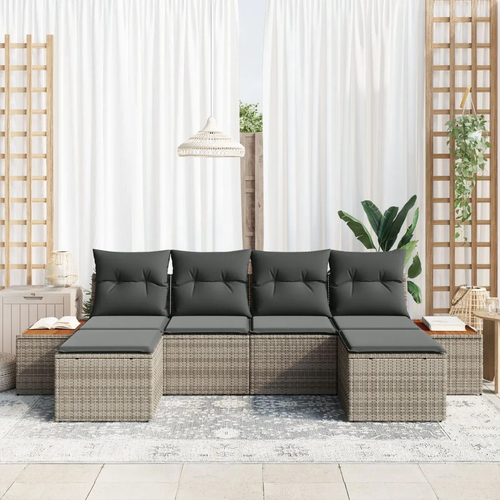 6 darabos Kerti Kanapé Szett Párnákkal Szürke PE Rattan Akác