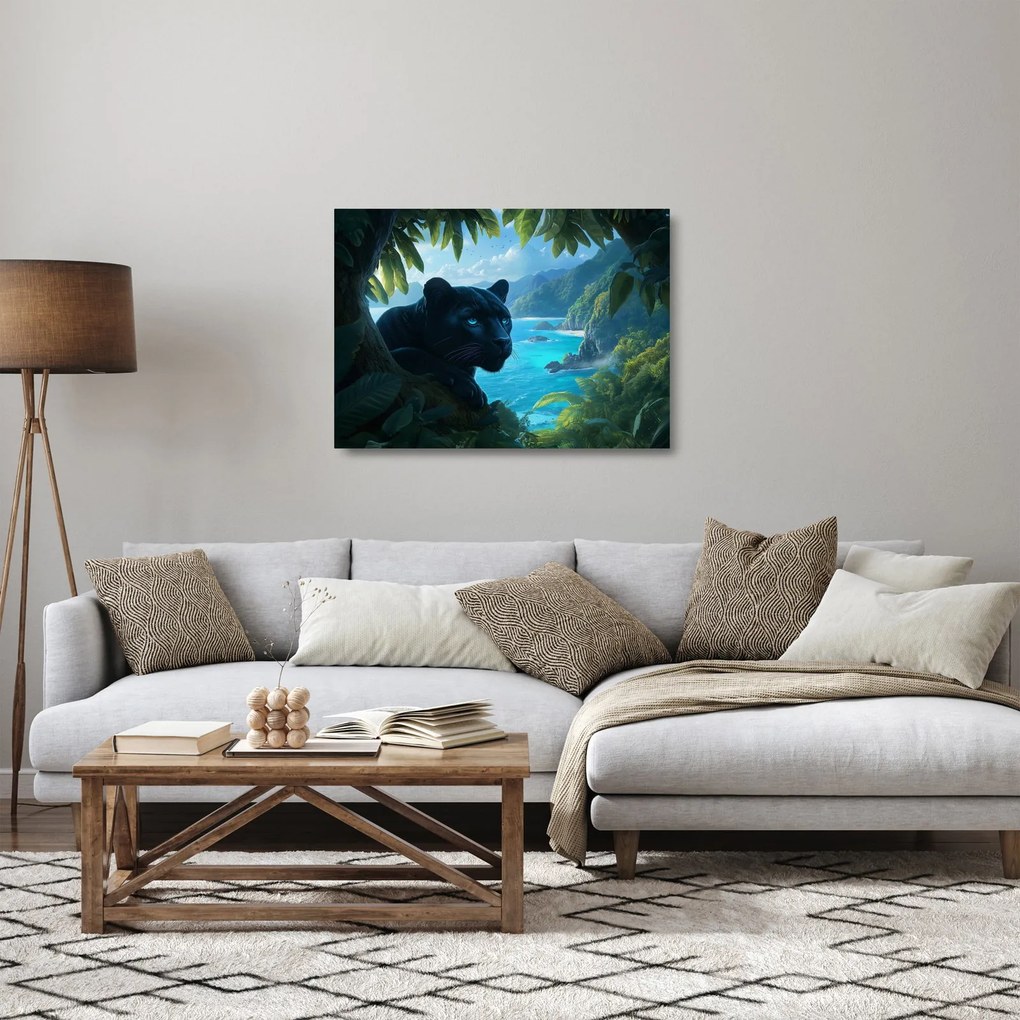 Üveg kép - Fekete párduc a dzsungelben (70x50 cm)