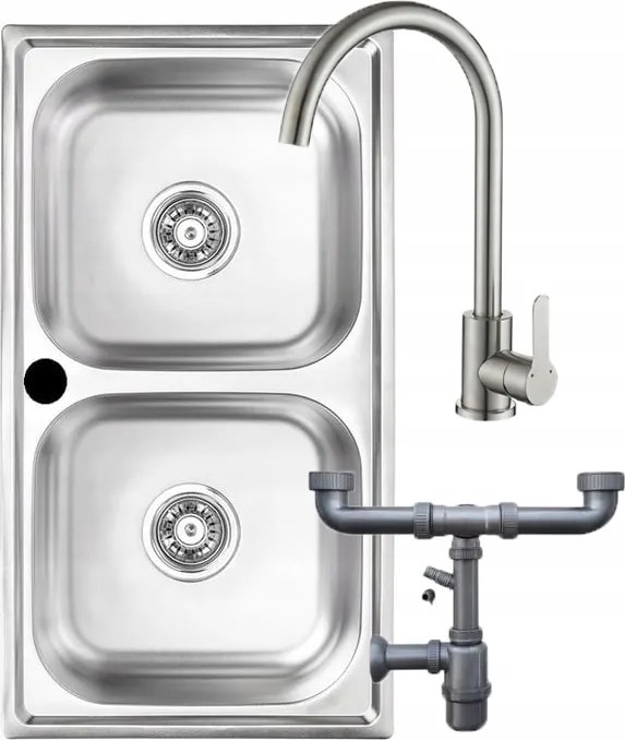 Süllyesztett mosogató kétrekeszes, furattal 78x43 cm álló csaptelep szifon