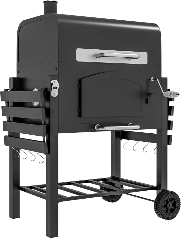 Outsunny Faszenes BBQ grillsütő, állítható faszéntároló rekesz, oldalsó polcok, fekete