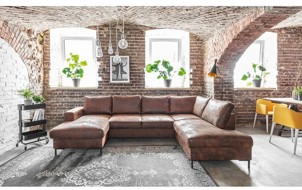 Lofty Lilly Vintage barna kinyitható U alakú bőrutánzat kanapé, jobb oldali - Miuform