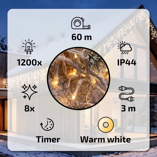 BRILAGI - LED kültéri karácsonyi fényfüzér 1200xLED/8 világítási mód 63m IP44 meleg fehér jégcsapok