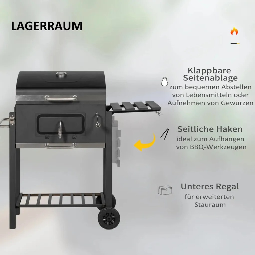 Outsunny Faszenes grillsütő, BBQ füstölő, 1 polc, 1 törölközőtartó, 2 grillrács, fekete