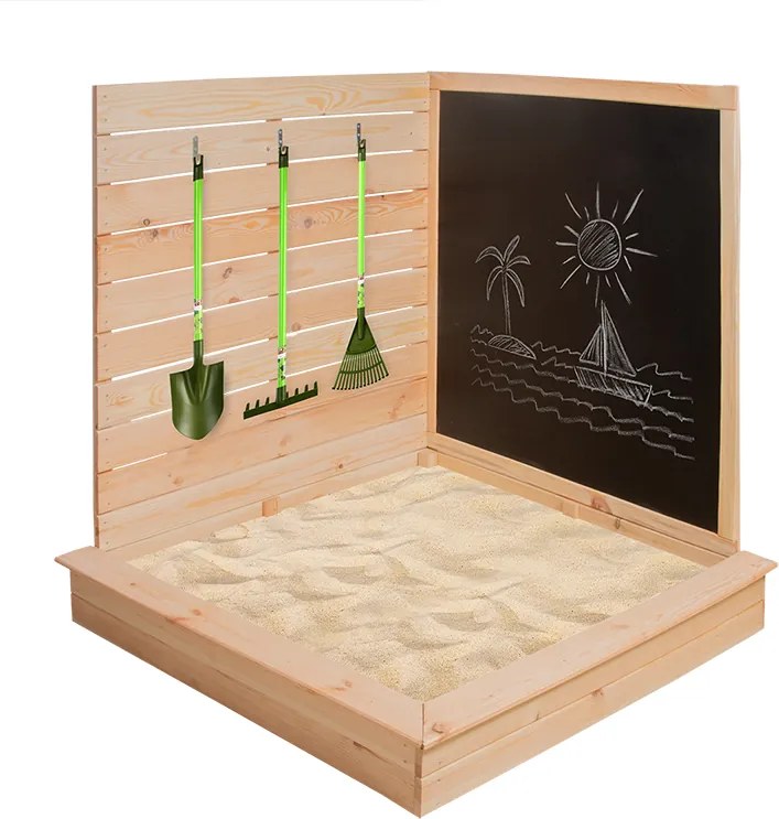 Fából készült homokozó sarok szerszámtartóval és rajzolós fekete táblával