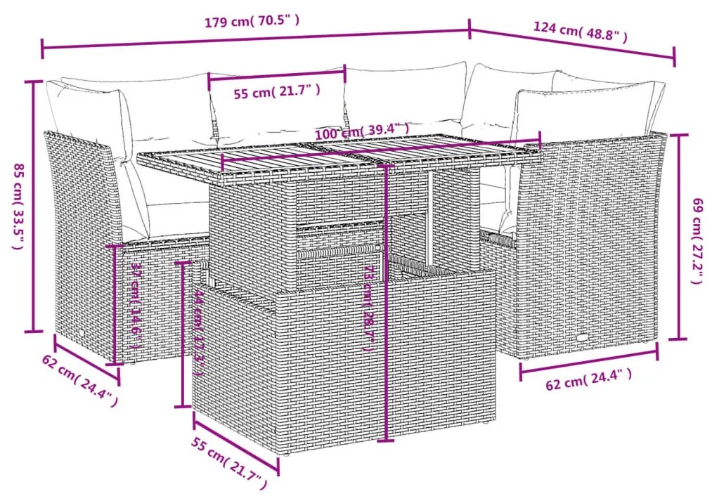 5 részes szürke polyrattan kerti ülőgarnitúra párnákkal