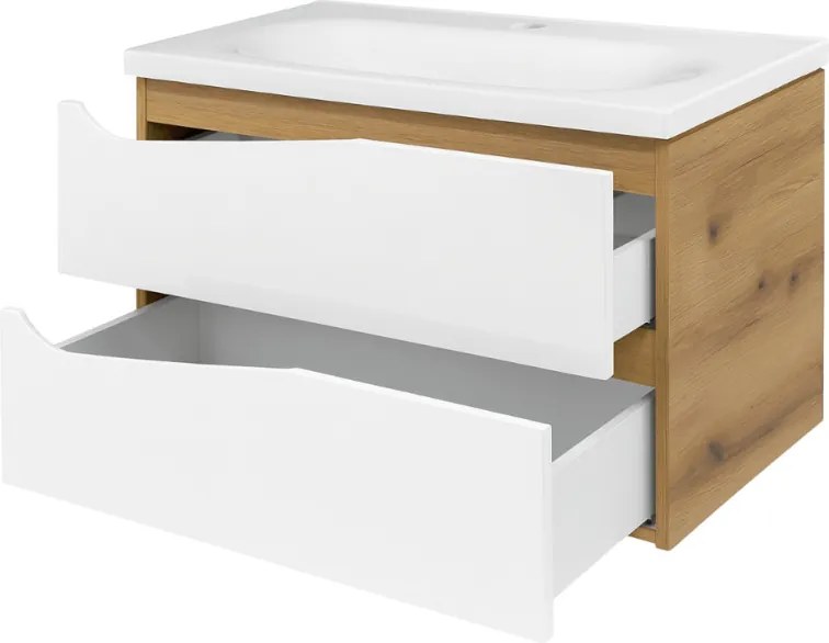 Piramida EURIDIKA fali fürdőszobabútor - műmárvány mosdóval -2 fiókos - ALPINFEHÉR-TÖLGY - 75 x 48 x 55 cm