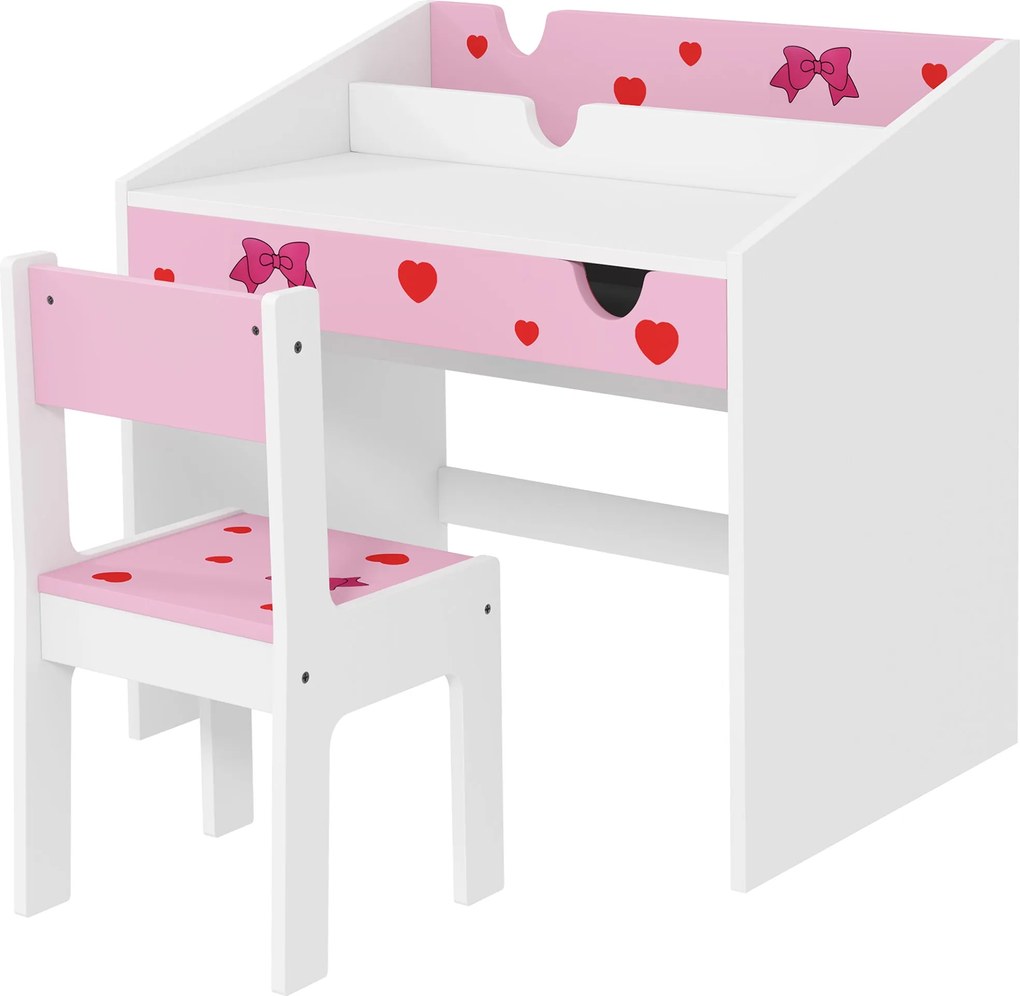 AIYAPLAY Gyerek asztal és szék készlet 3 éves kortól - Gyermekasztal kihúzható fiókkal és rekesszel a hálószobába vagy tanulószobába, rózsaszín és feh