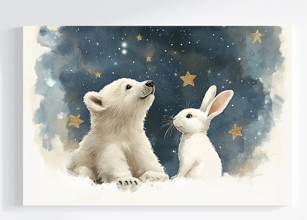 Vászonkép Canvas Tél Hó Éjszaka Ég Csillagok Mackó Nyúl Mese 120x80