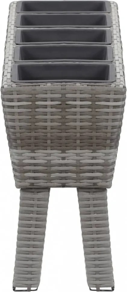 Szürke polyrattan kerti virágtartó 5 kaspóval 118 x 25 x 50 cm