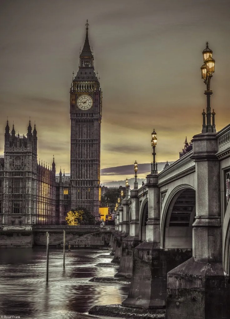 Poszter 20,5x28,4cm Westminster híd és Big Ben a Temze-parti sétányról, Ász
