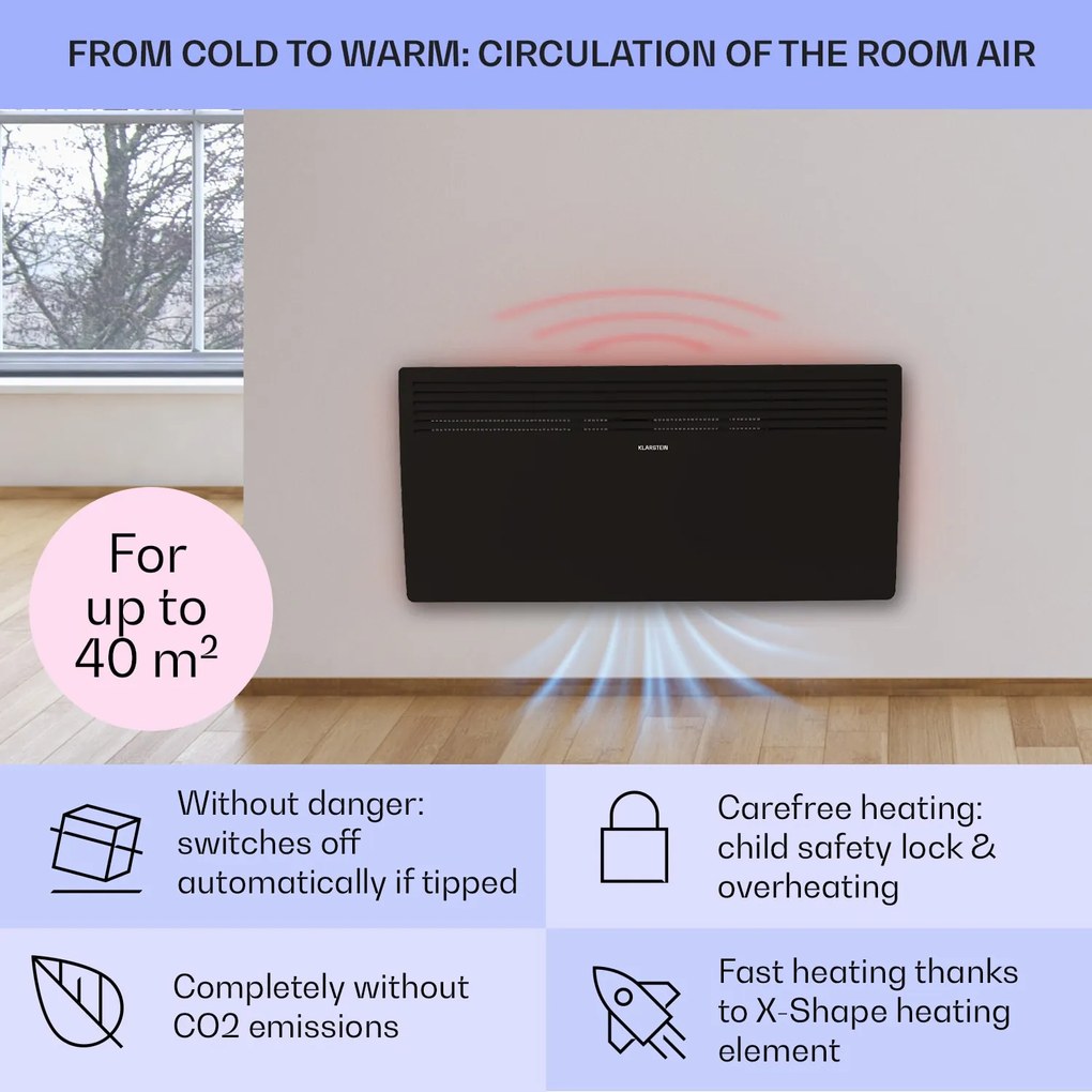 Klarstein Hot Spot Slimcurve, konvektor, fűtőtest, 80 x 40 cm, 40 m², 2000 W, 5 - 40 °C, IP24, fekete
