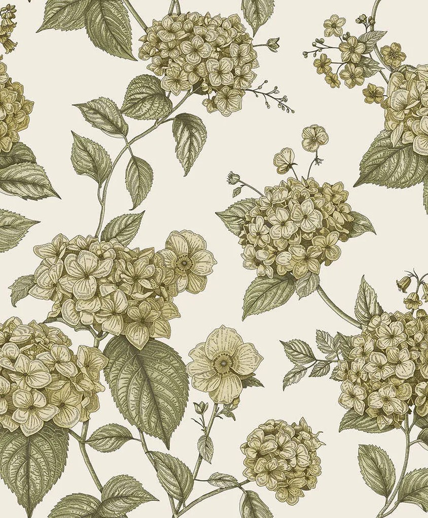 Holden Decor Wanderlust Hortensia okkersárga-zöld virágos vlies tapéta – 92122