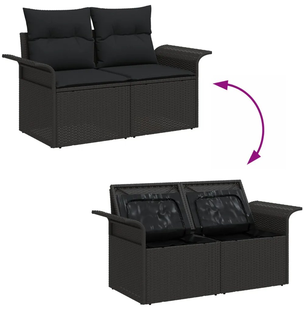 11 részes Kert Sofa Szett párnákkal Fekete Poli Rattan Akácia, 2 személyes Kert Sofa tárolóval és párnákkal Fekete Poli Rattan