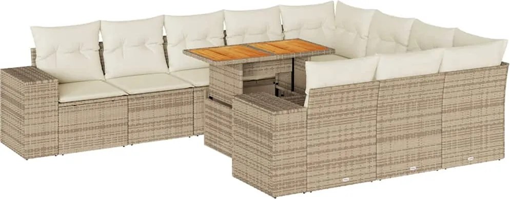 vidaXL 10 részes bézs polyrattan akácfa kerti ülőgarnitúra párnával