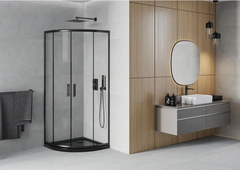 Mexen Rio, negyedkör alakú zuhanykabin 80 x 80 cm, 6 mm-es átlátszó üveg, fekete profil + fekete zuhanytálca, 863-080-080-70-00-4170B