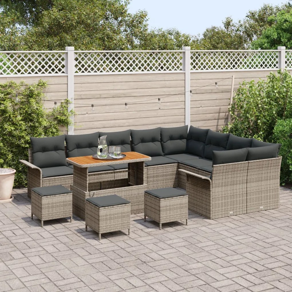 12 részes kerti kanapé szett párnázattal Szürke Poly rattan Akác, 2 fős kerti kanapé tárolóval és párnázattal Szürke Poly rattan, 3 részes kerti étkező szett párnázattal Szürke Poly rattan Akác