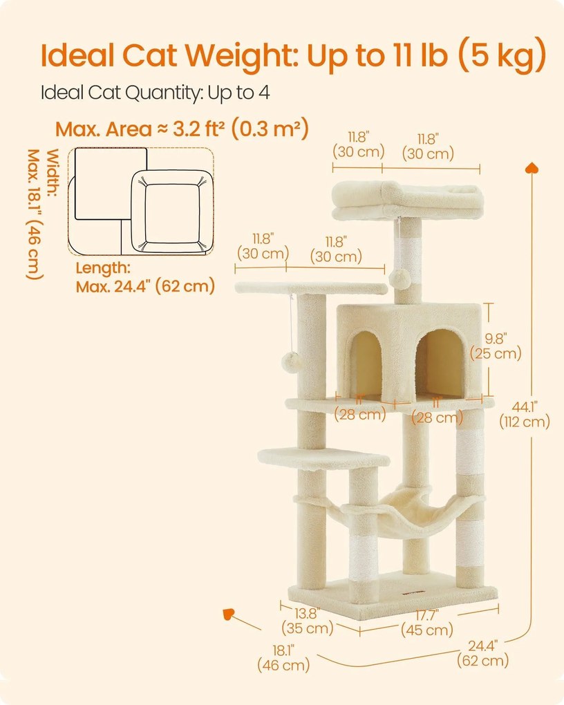 Macska kaparófa, cicatorony, 4 kaparóval, 2 pihenőhely, 40x40x112cm,  bézs