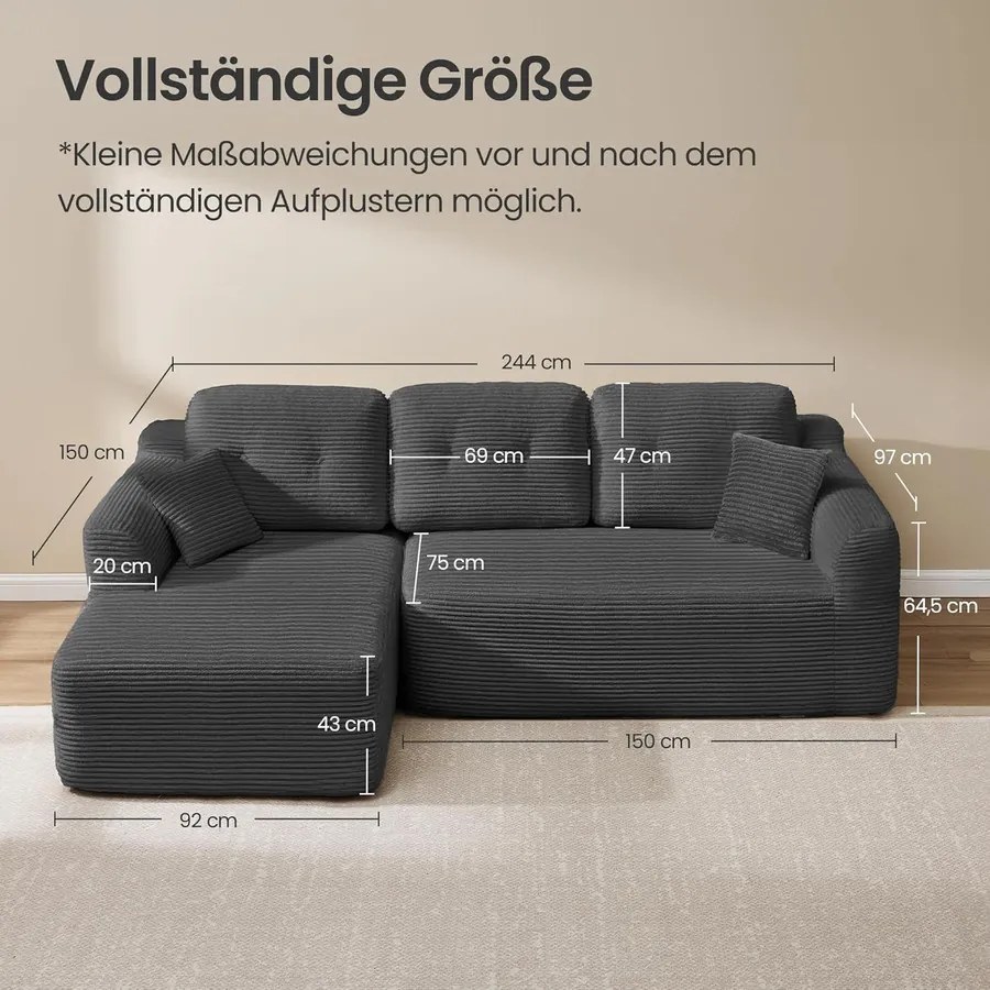 VASAGLE moduláris sarokkanapé, 244 cm széles, balos, palaszürke