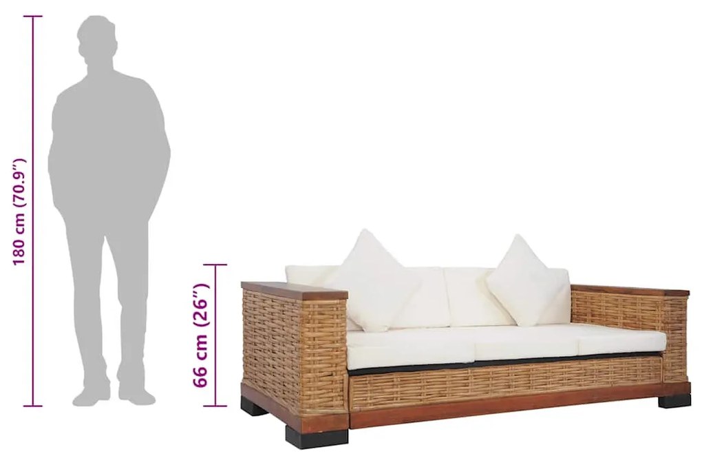 3 személyes barna természetes rattan kanapé párnával