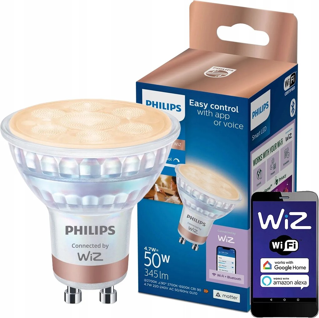 Led izzó GU10 4,7W 50W 2700-6500K Cct 36° Smart WiFi Philips WiZ